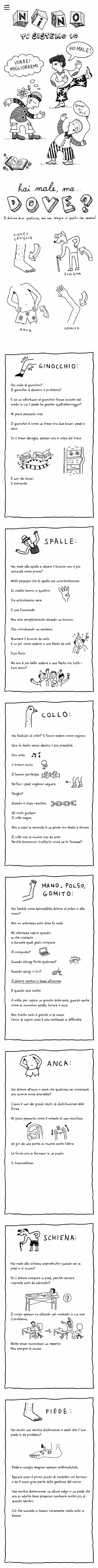 Nino ti sistemo io. Hai male, ma dove? Ginocchio, spalle, collo, mano, anca, schiena, piede.